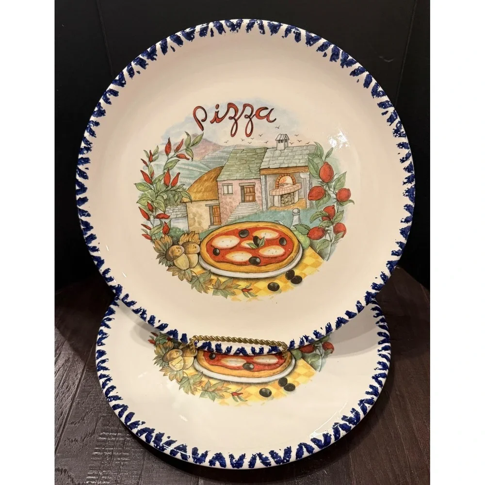 C.M.S Pizza Plates Plate Blue Trim Hand Painted Italy Villa Set of 2 NEW